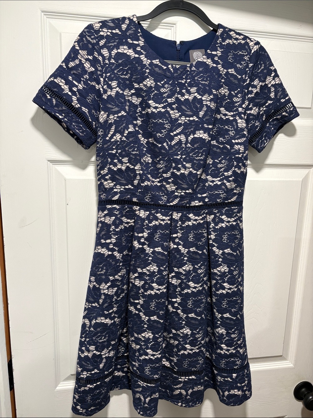 Vince Camuto Navy Lace Overlay Fit-and-Flare Dress